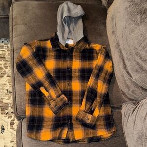 Old Navy plaid Orange and Black Hooded Flannel Boys XL 14/16